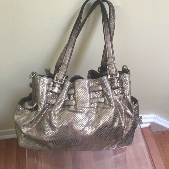 Michael Kors Leather Snake Print Gold Shoulder Hobo Bag Satchel Pockets Neutral - Picture 4 of 16